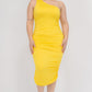 Solid Color Ruched One Shoulder Midi Bodycon Dress