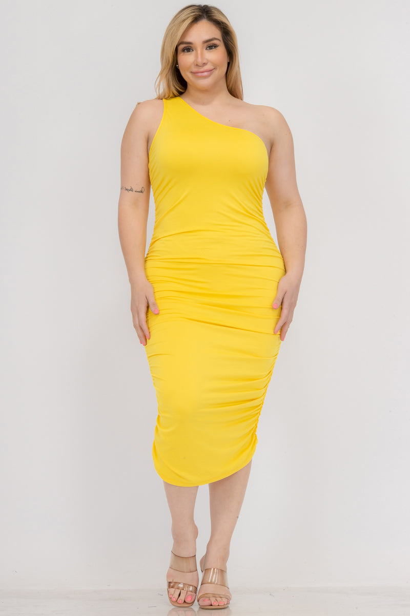 Solid Color Ruched One Shoulder Midi Bodycon Dress