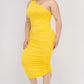 Solid Color Ruched One Shoulder Midi Bodycon Dress