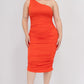 Solid Color Ruched One Shoulder Midi Bodycon Dress