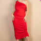 Solid Color Ruched One Shoulder Midi Bodycon Dress