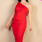 Solid Color Ruched One Shoulder Midi Bodycon Dress