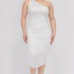 Solid Color Ruched One Shoulder Midi Bodycon Dress