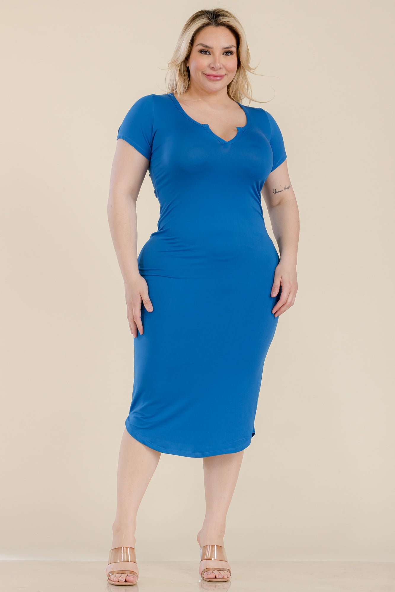 “Prylani” Split Neck Bodycon Midi Dress