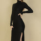 Sweater-Knit Fuzzy Turtle Neck Split Thigh Dress