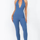 Halter V Neck Ribbed Bodycon Jumpsuit