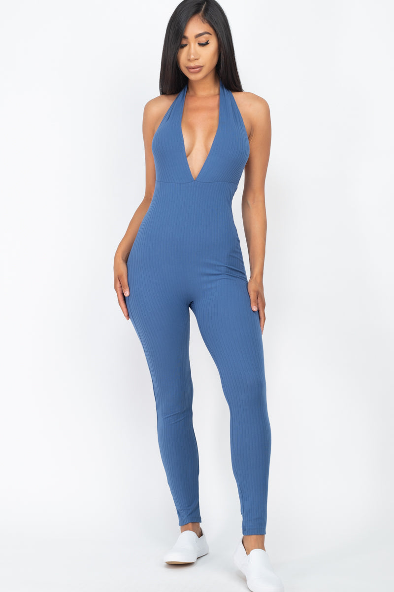 Halter V Neck Ribbed Bodycon Jumpsuit