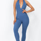 Halter V Neck Ribbed Bodycon Jumpsuit