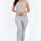 Halter V Neck Ribbed Bodycon Jumpsuit