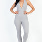 Halter V Neck Ribbed Bodycon Jumpsuit