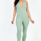 Halter V Neck Ribbed Bodycon Jumpsuit