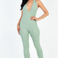 Halter V Neck Ribbed Bodycon Jumpsuit