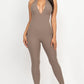Halter V Neck Ribbed Bodycon Jumpsuit