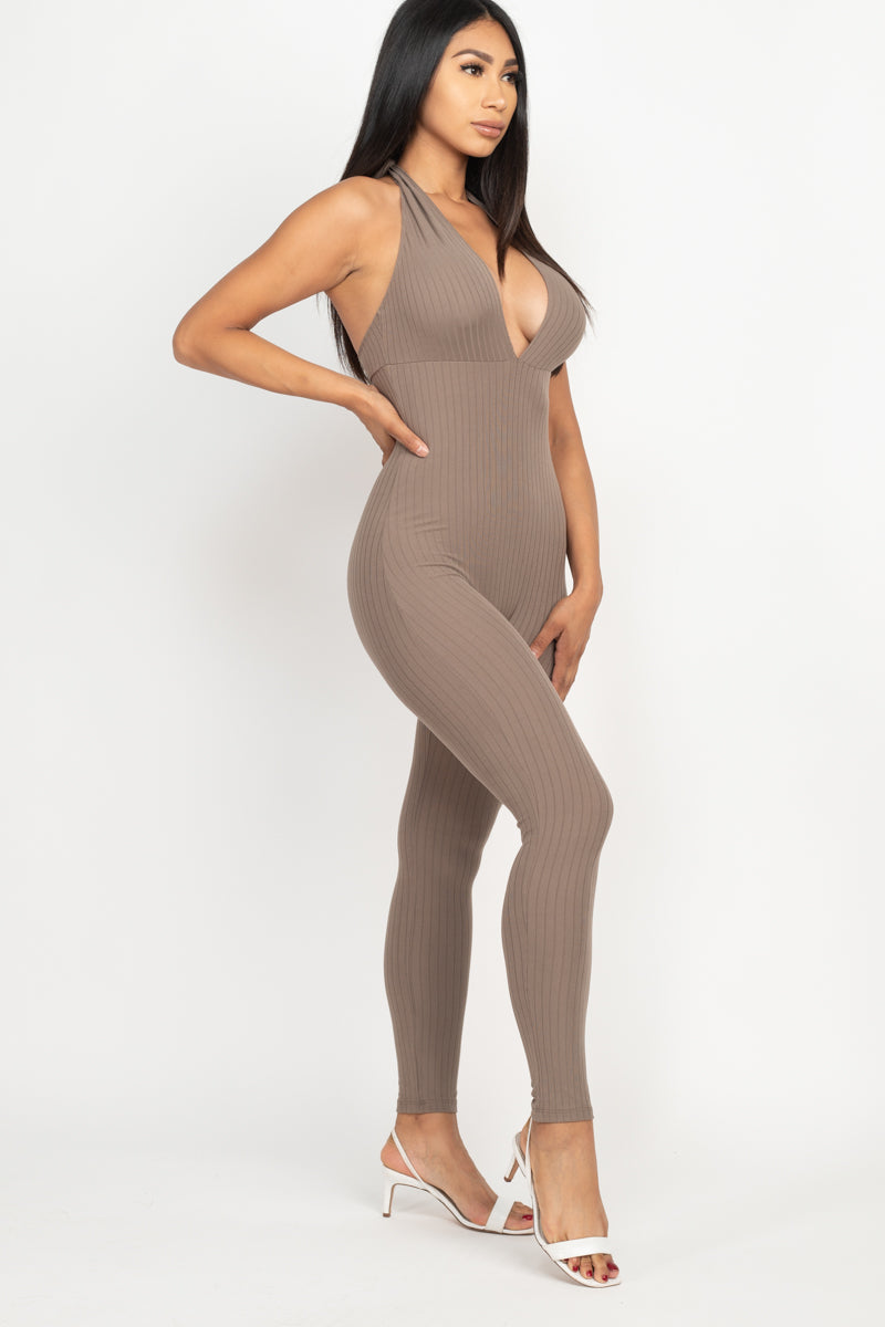 Halter V Neck Ribbed Bodycon Jumpsuit