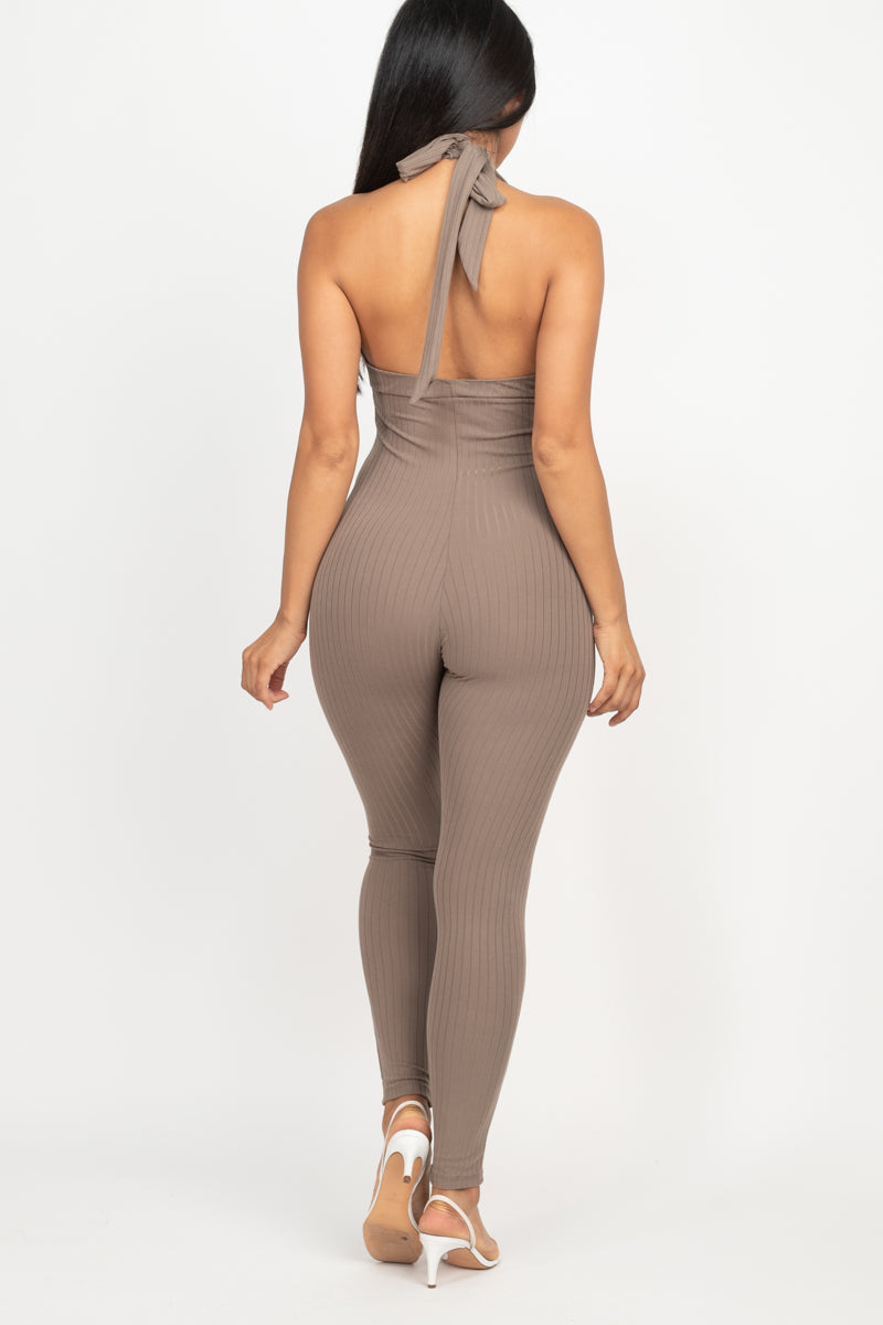 Halter V Neck Ribbed Bodycon Jumpsuit
