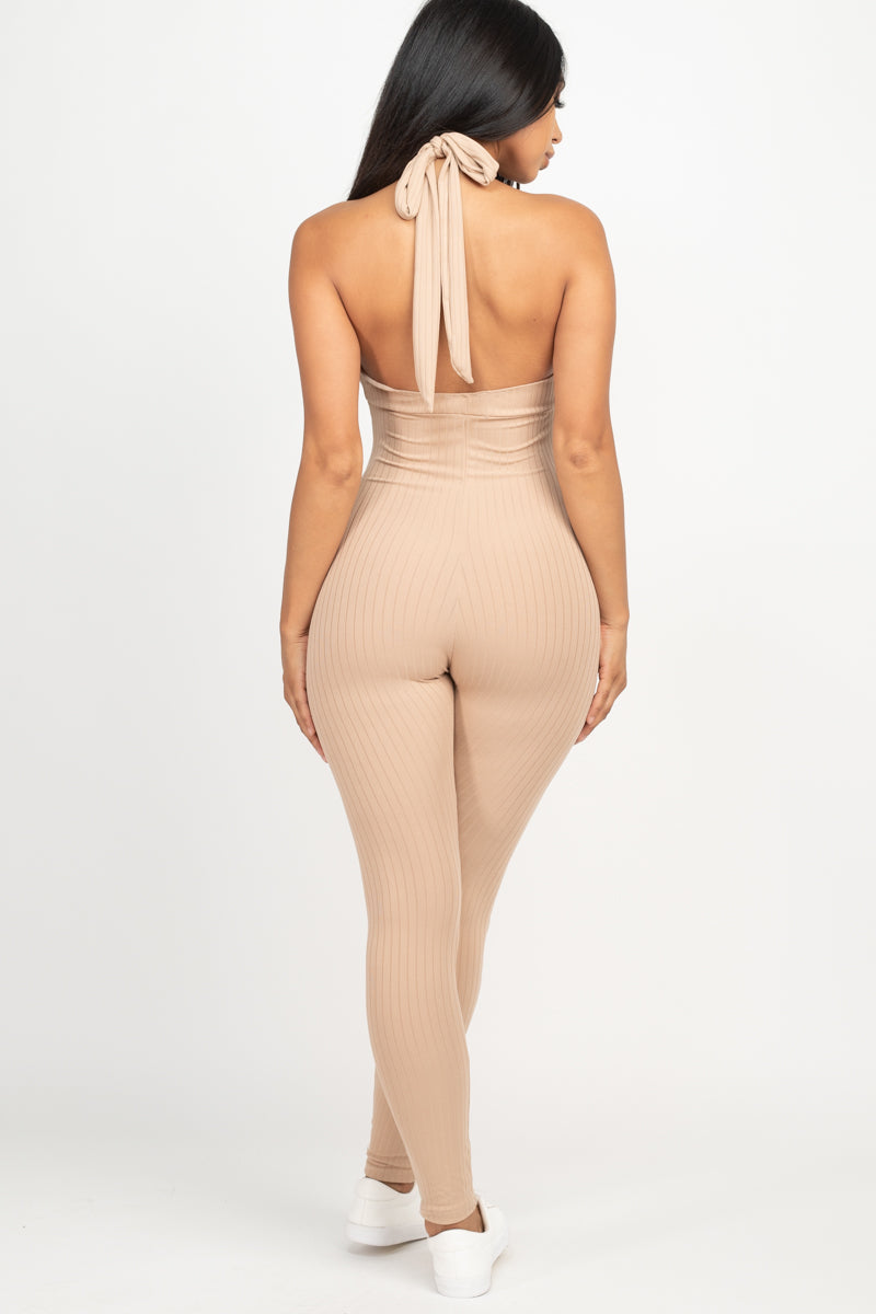 Halter V Neck Ribbed Bodycon Jumpsuit