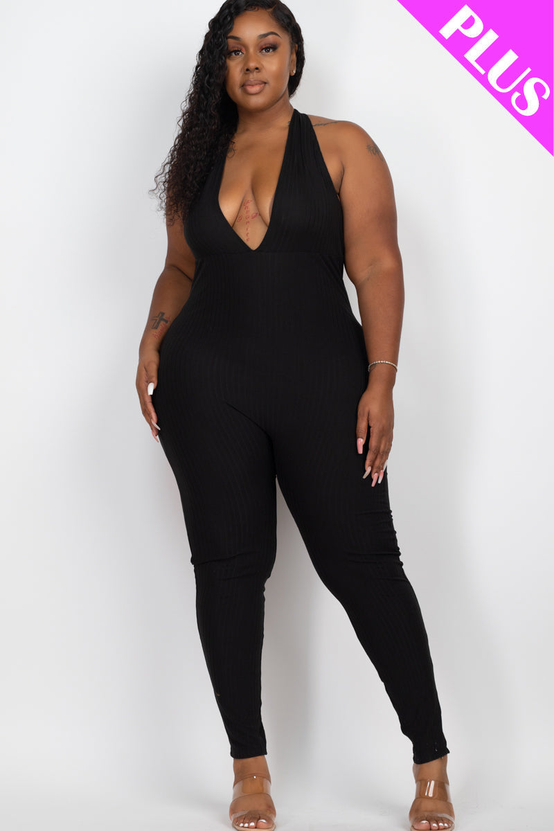 Halter V Neck Ribbed Bodycon Jumpsuit