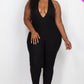 Halter V Neck Ribbed Bodycon Jumpsuit
