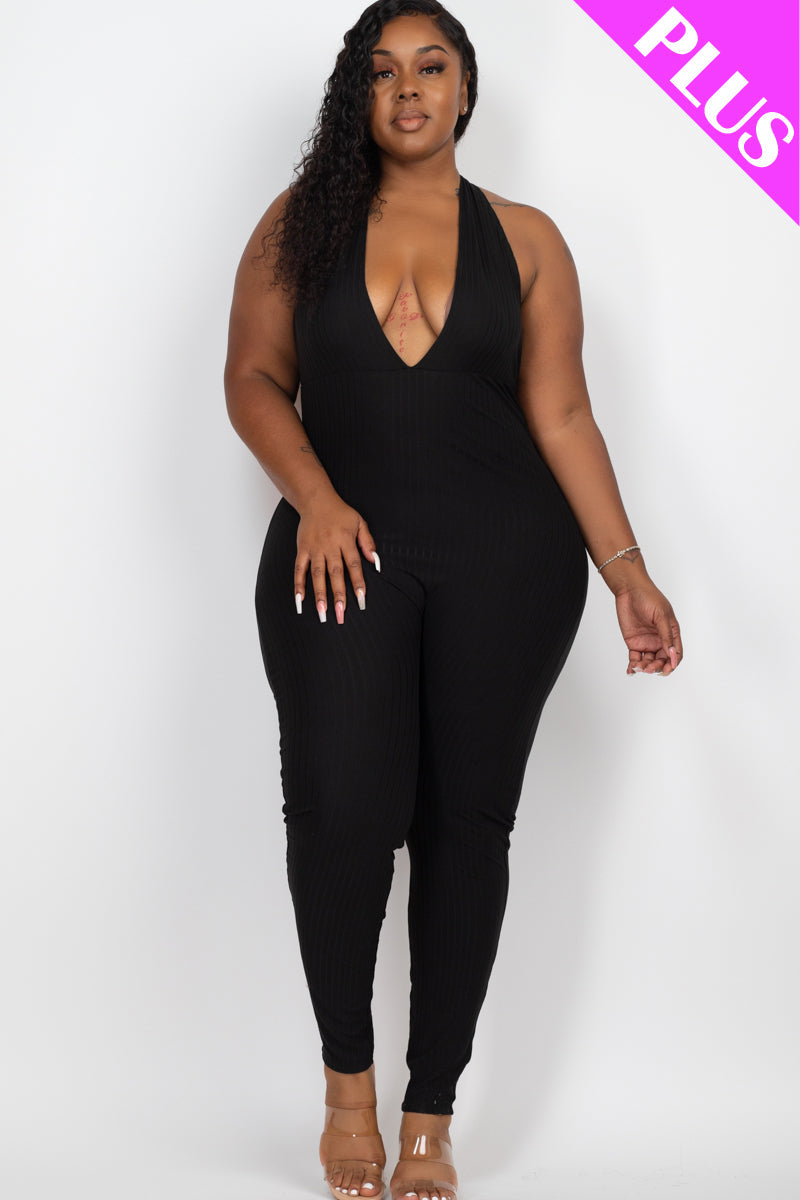 Halter V Neck Ribbed Bodycon Jumpsuit