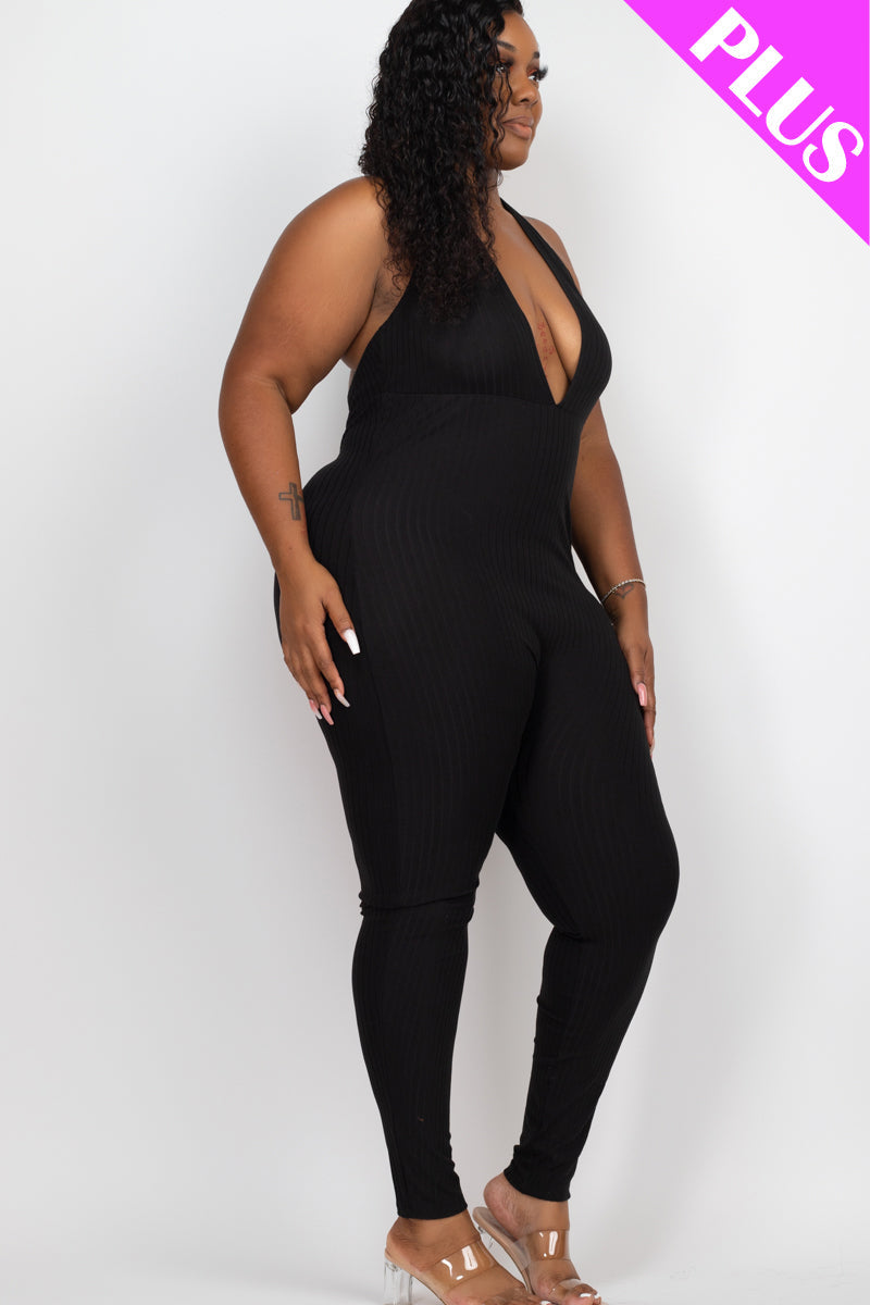 Halter V Neck Ribbed Bodycon Jumpsuit