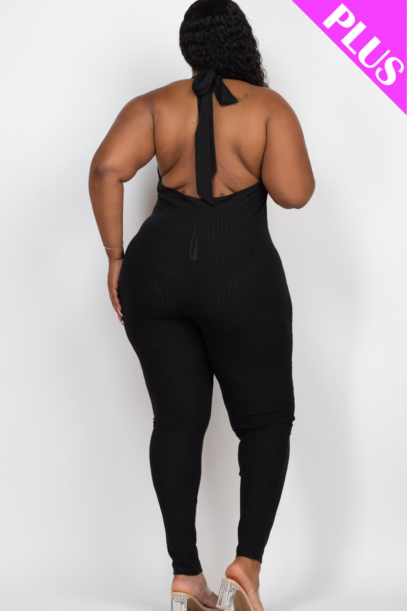 Halter V Neck Ribbed Bodycon Jumpsuit