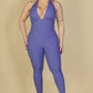 Halter V Neck Ribbed Bodycon Jumpsuit