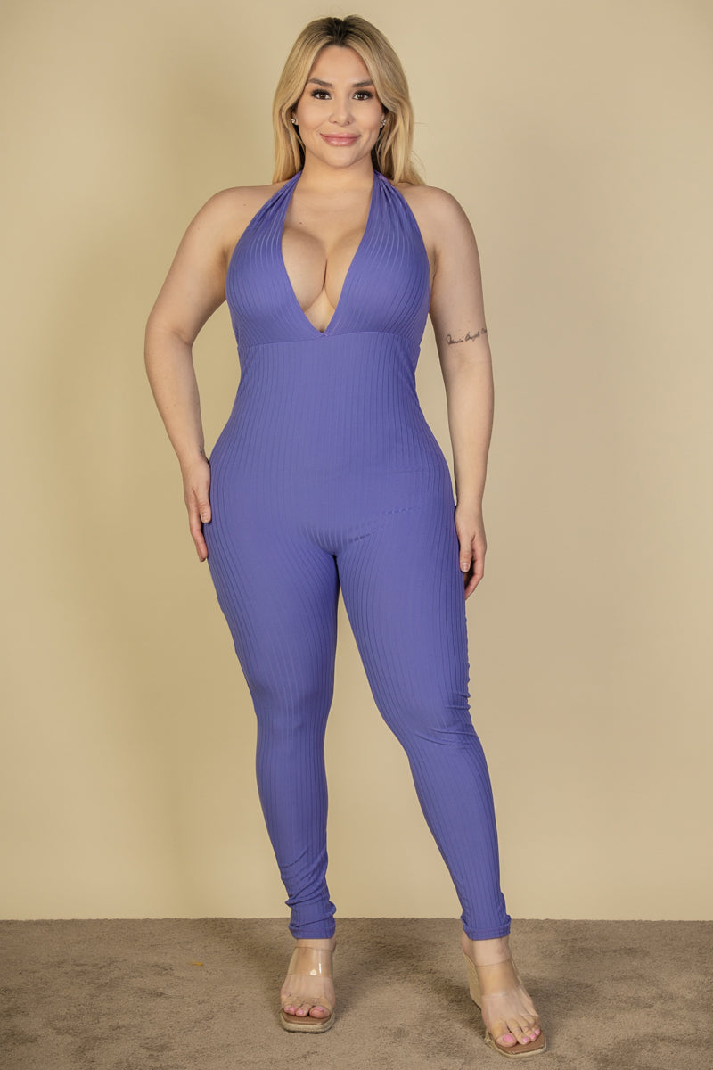 Halter V Neck Ribbed Bodycon Jumpsuit