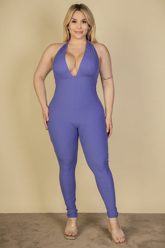 Halter V Neck Ribbed Bodycon Jumpsuit