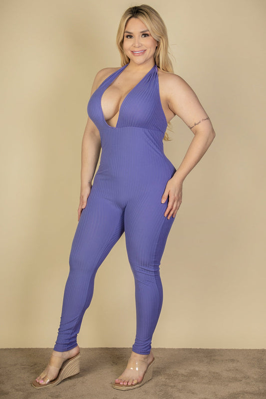 Halter V Neck Ribbed Bodycon Jumpsuit