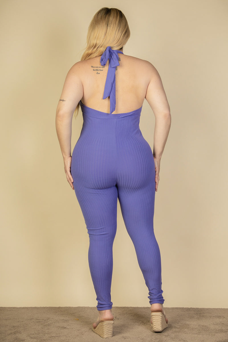Halter V Neck Ribbed Bodycon Jumpsuit