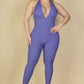 Halter V Neck Ribbed Bodycon Jumpsuit