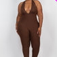Halter V Neck Ribbed Bodycon Jumpsuit