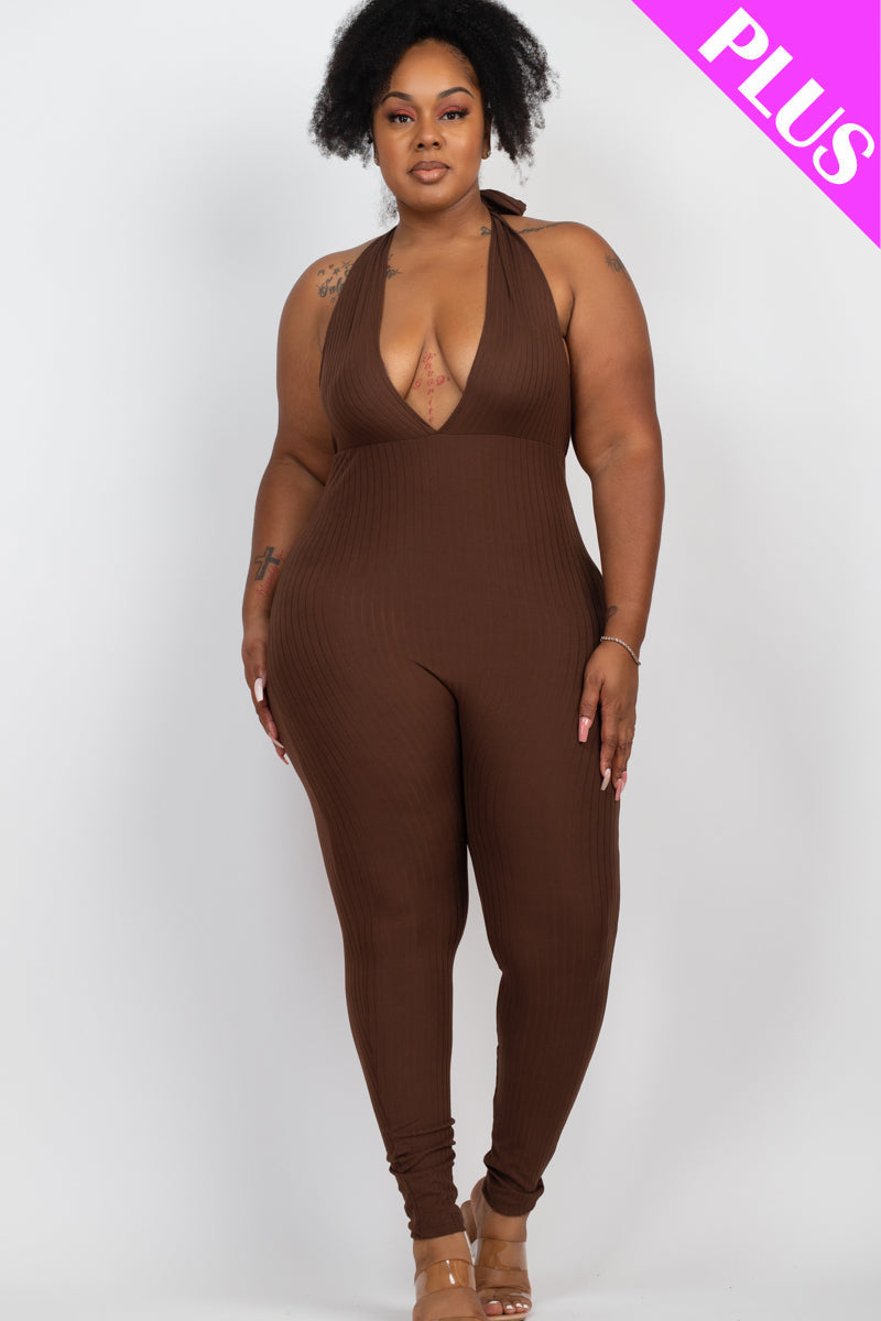 Halter V Neck Ribbed Bodycon Jumpsuit