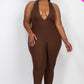 Halter V Neck Ribbed Bodycon Jumpsuit