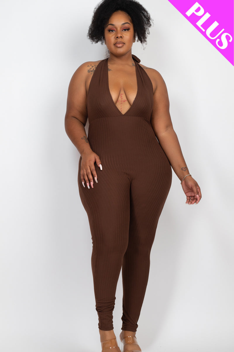 Halter V Neck Ribbed Bodycon Jumpsuit