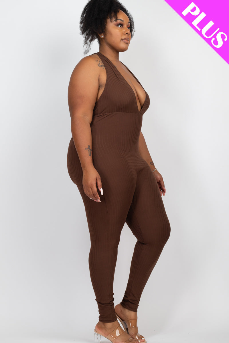 Halter V Neck Ribbed Bodycon Jumpsuit
