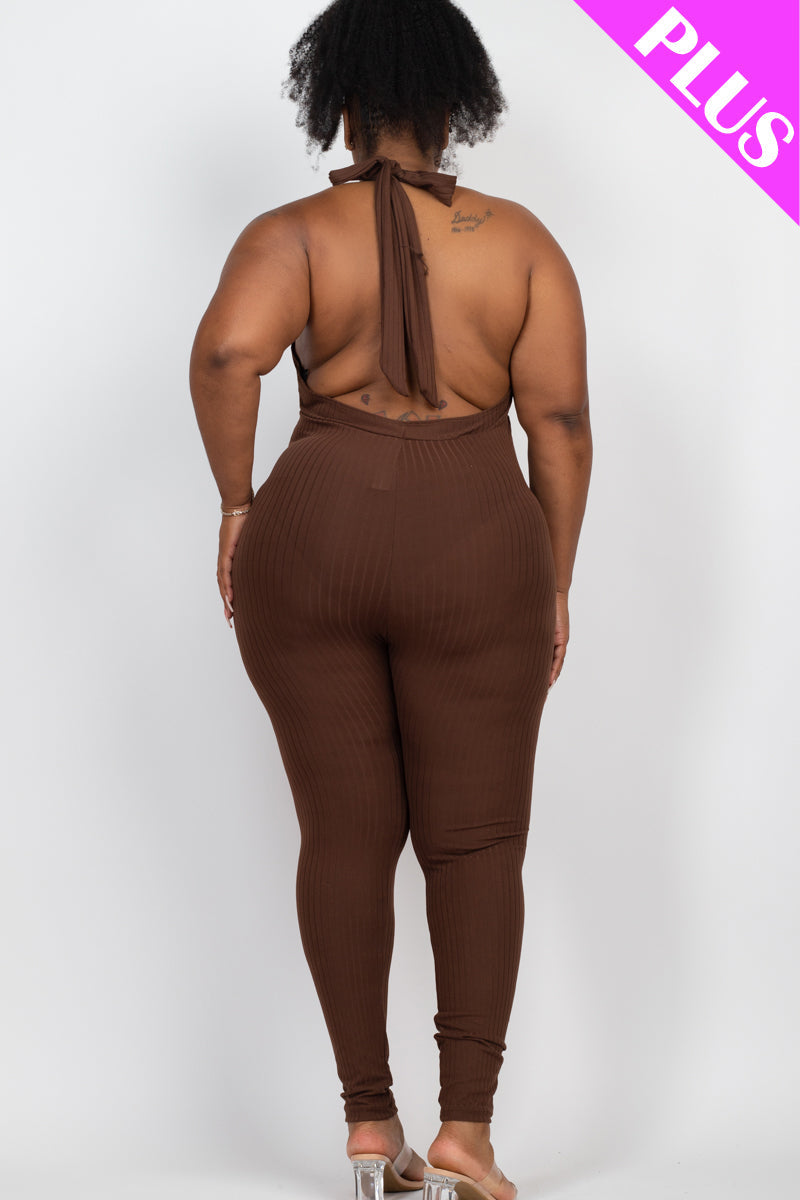 Halter V Neck Ribbed Bodycon Jumpsuit