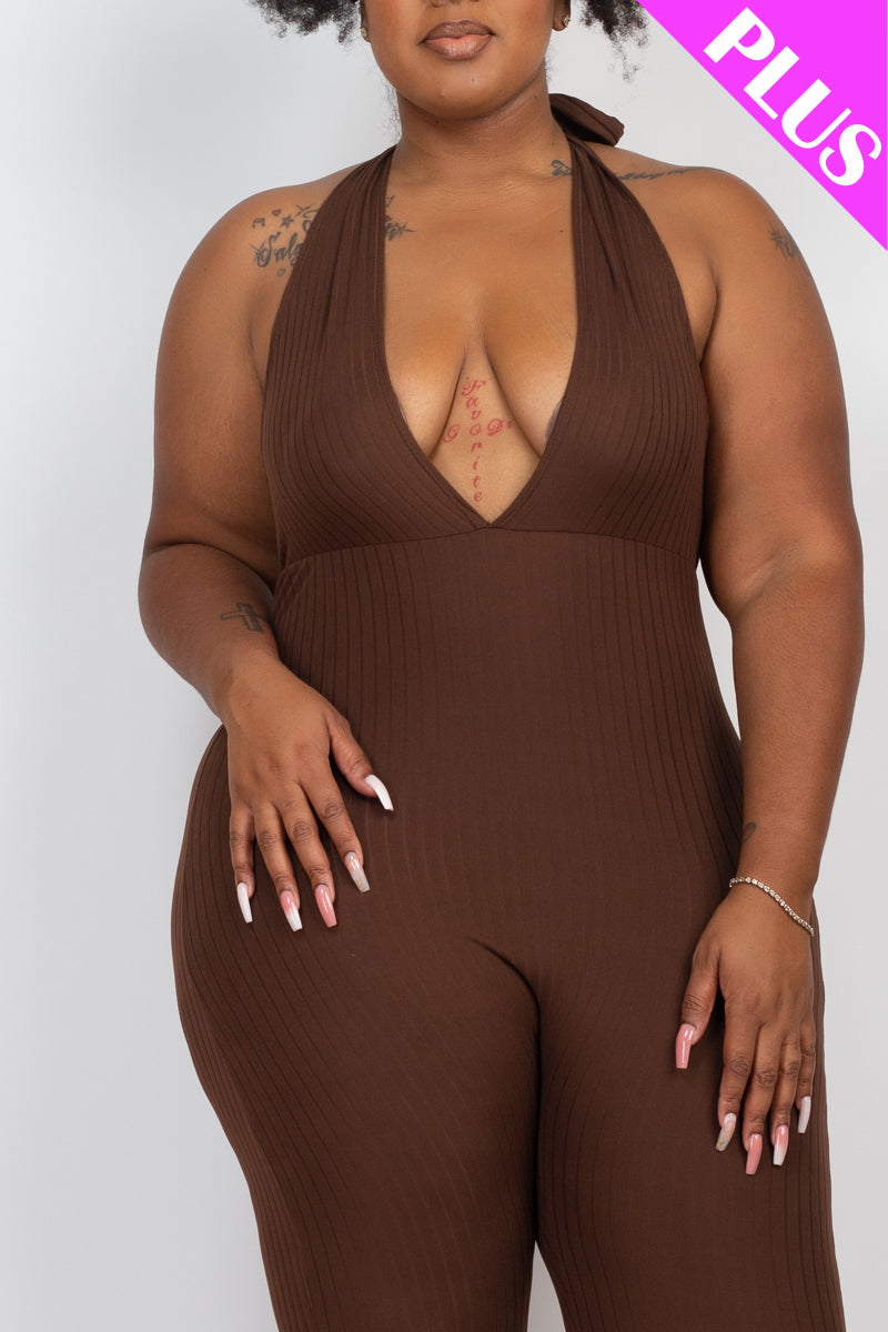 Halter V Neck Ribbed Bodycon Jumpsuit