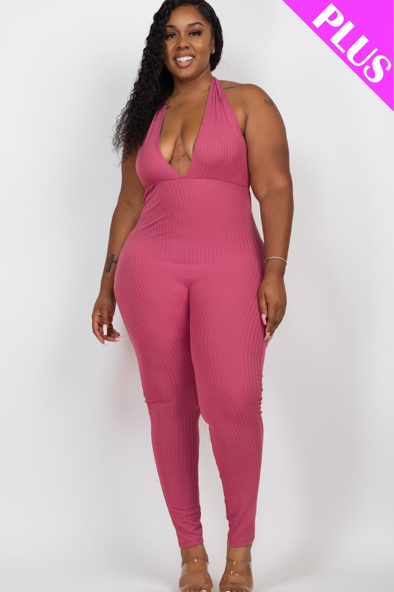 Halter V Neck Ribbed Bodycon Jumpsuit