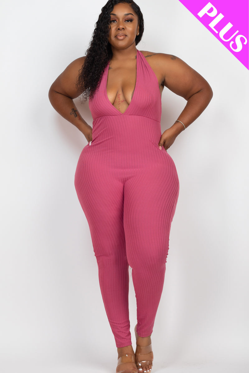 Halter V Neck Ribbed Bodycon Jumpsuit