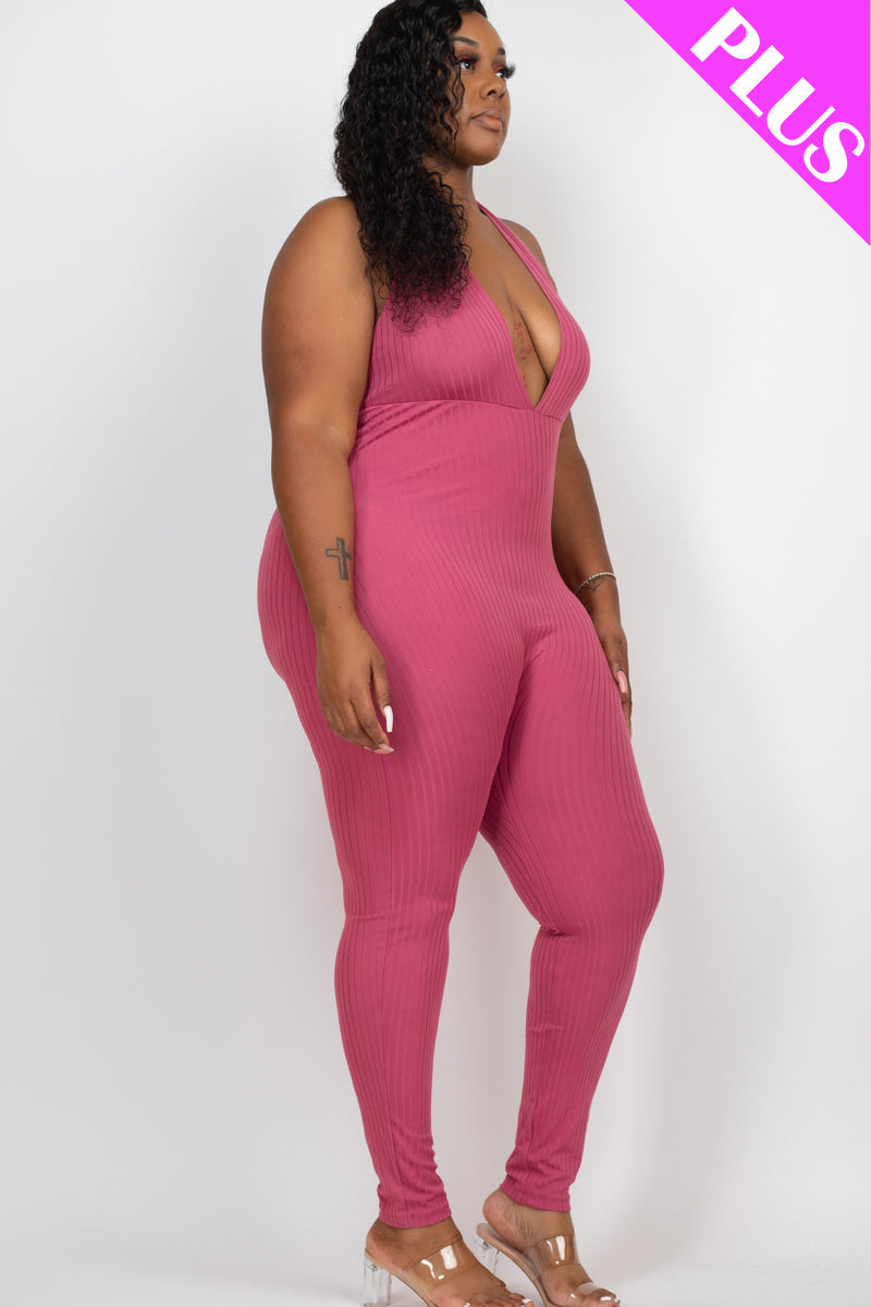 Halter V Neck Ribbed Bodycon Jumpsuit