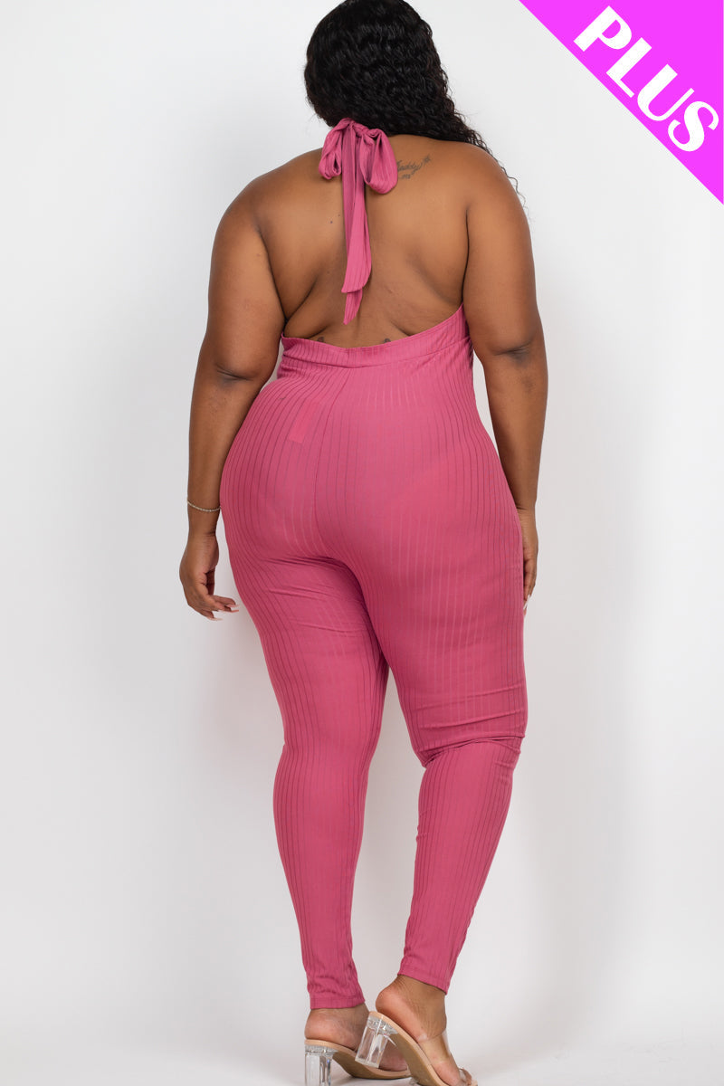 Halter V Neck Ribbed Bodycon Jumpsuit