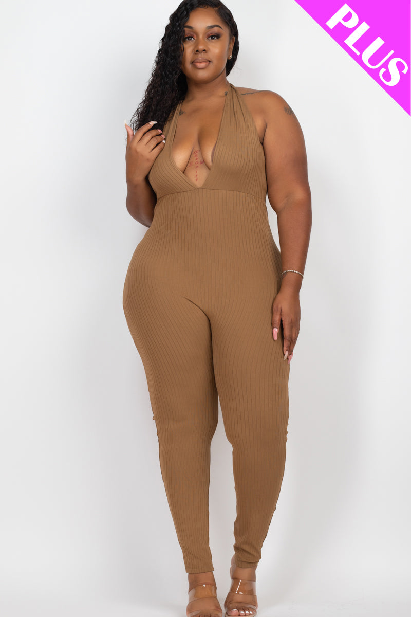 Halter V Neck Ribbed Bodycon Jumpsuit