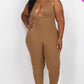 Halter V Neck Ribbed Bodycon Jumpsuit