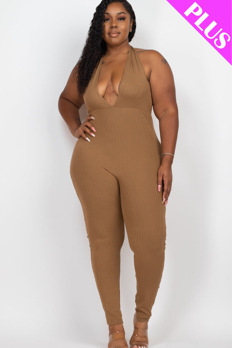Halter V Neck Ribbed Bodycon Jumpsuit