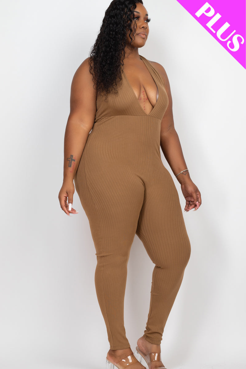 Halter V Neck Ribbed Bodycon Jumpsuit