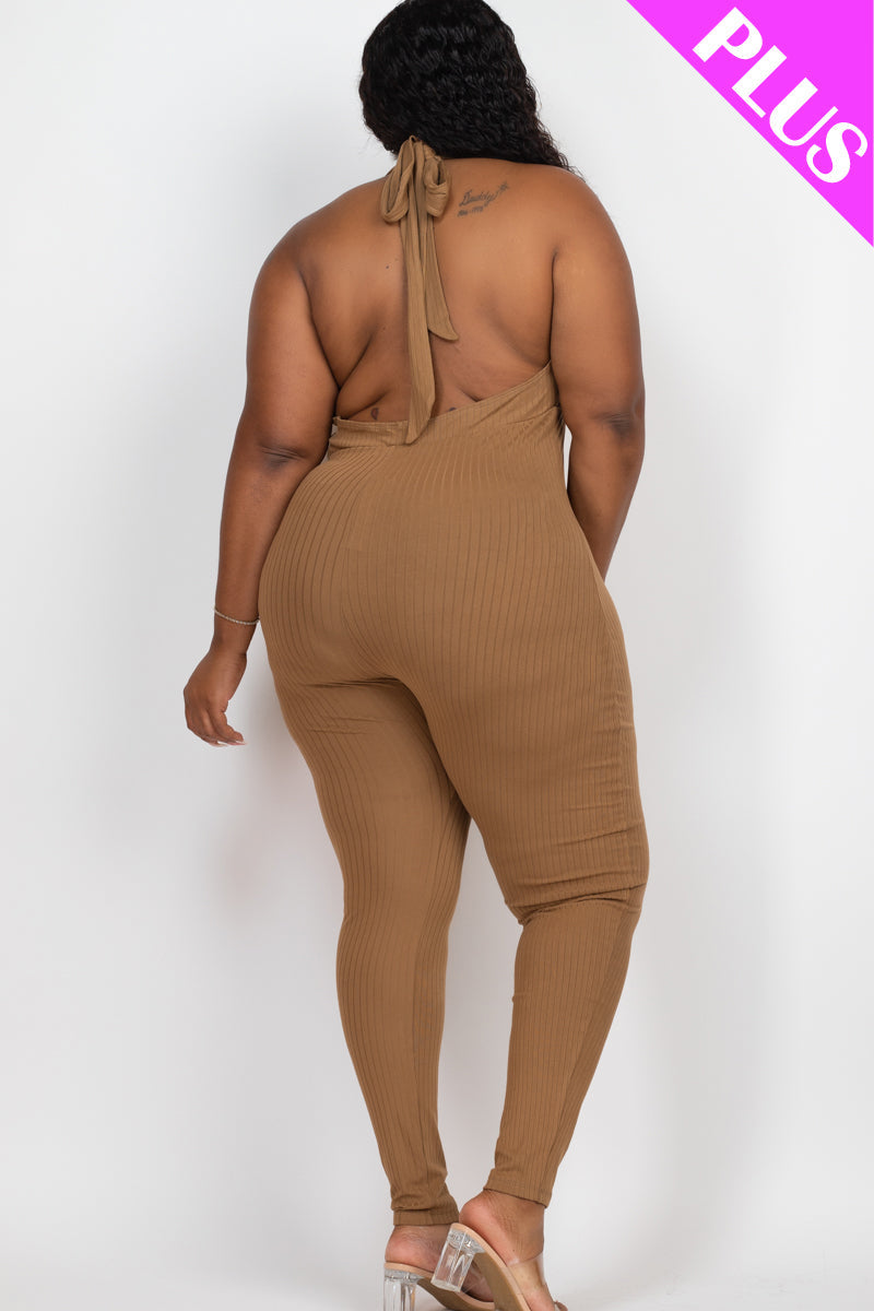 Halter V Neck Ribbed Bodycon Jumpsuit
