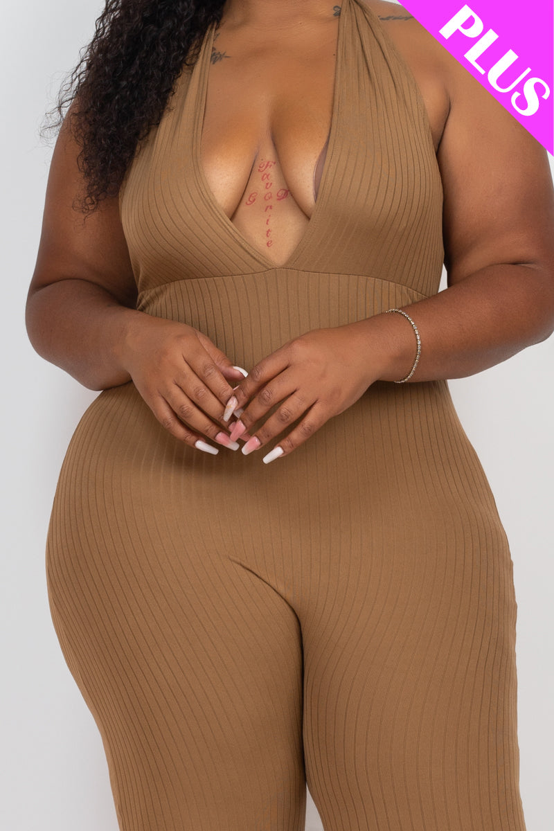 Halter V Neck Ribbed Bodycon Jumpsuit