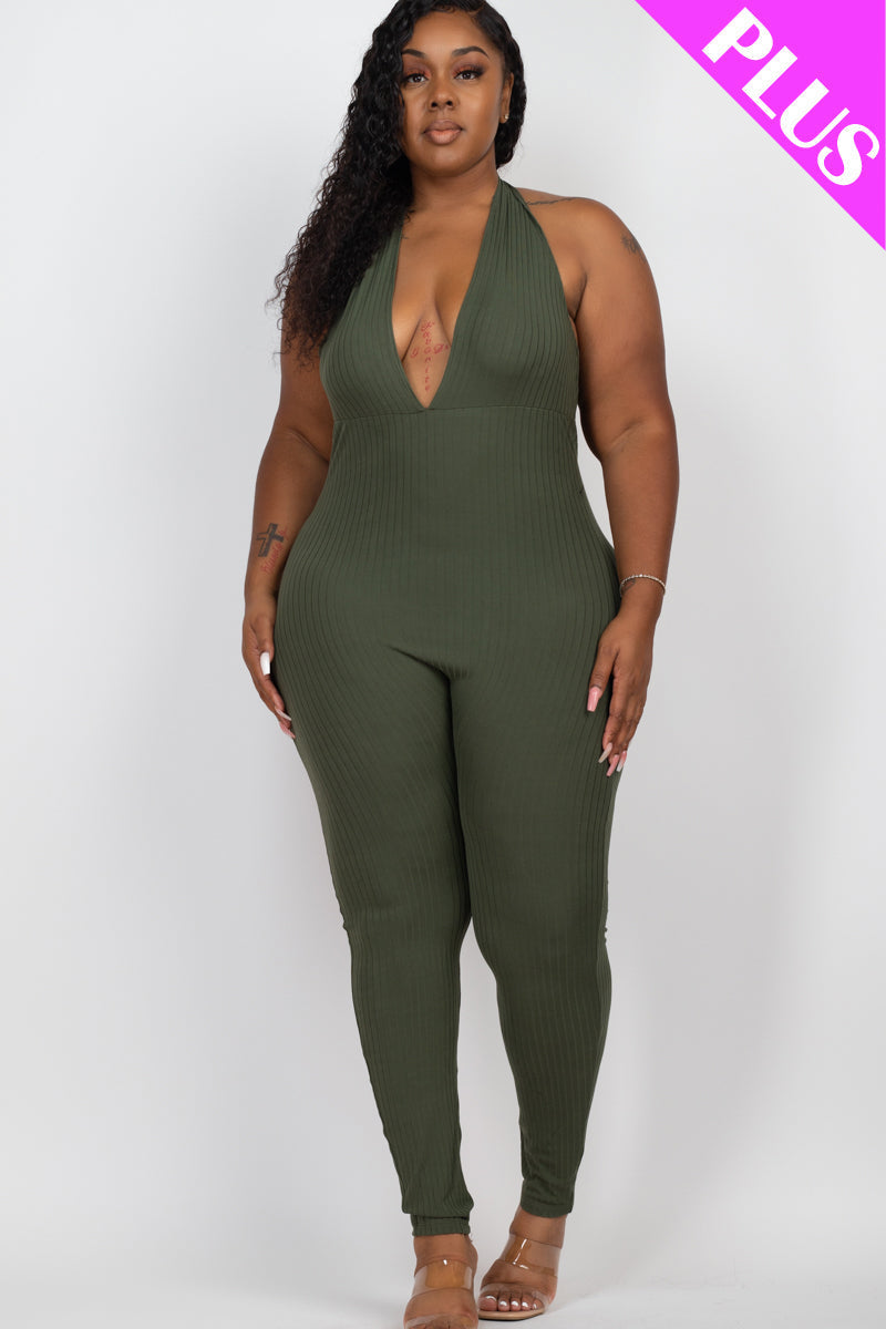 Halter V Neck Ribbed Bodycon Jumpsuit
