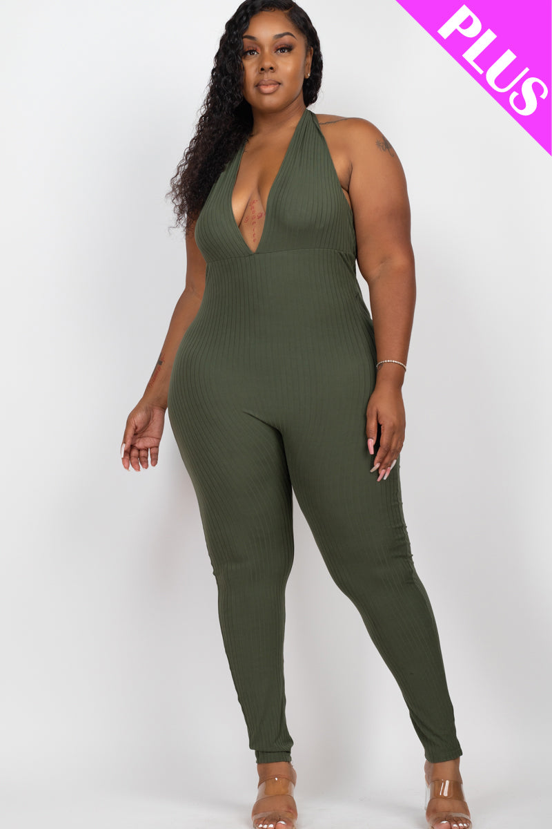 Halter V Neck Ribbed Bodycon Jumpsuit